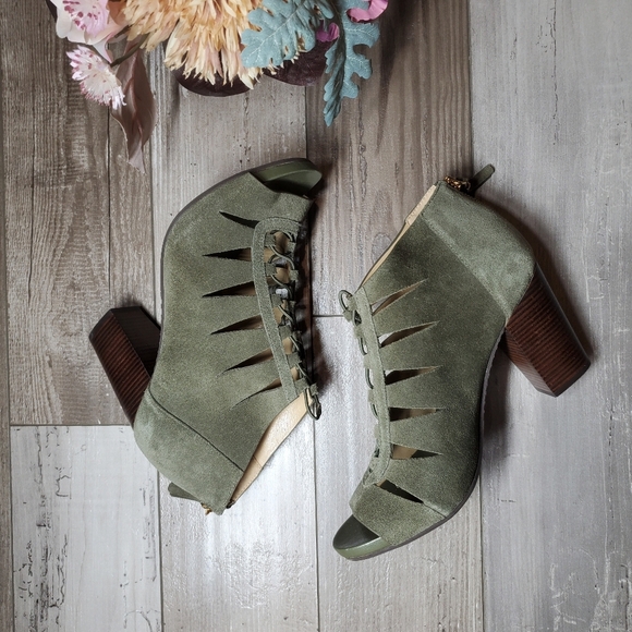 Michael Kors Elsie Cutout Suede Open Toe Booties Olive Green Women's Size 9M NEW - Picture 16 of 16